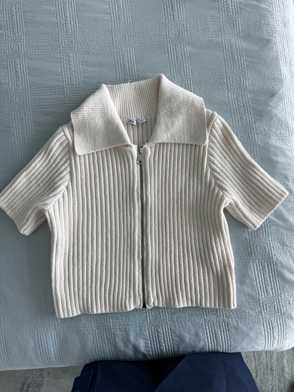 Zara Cream Ribbed Zip-Front Short-Sleeve Cardigan
